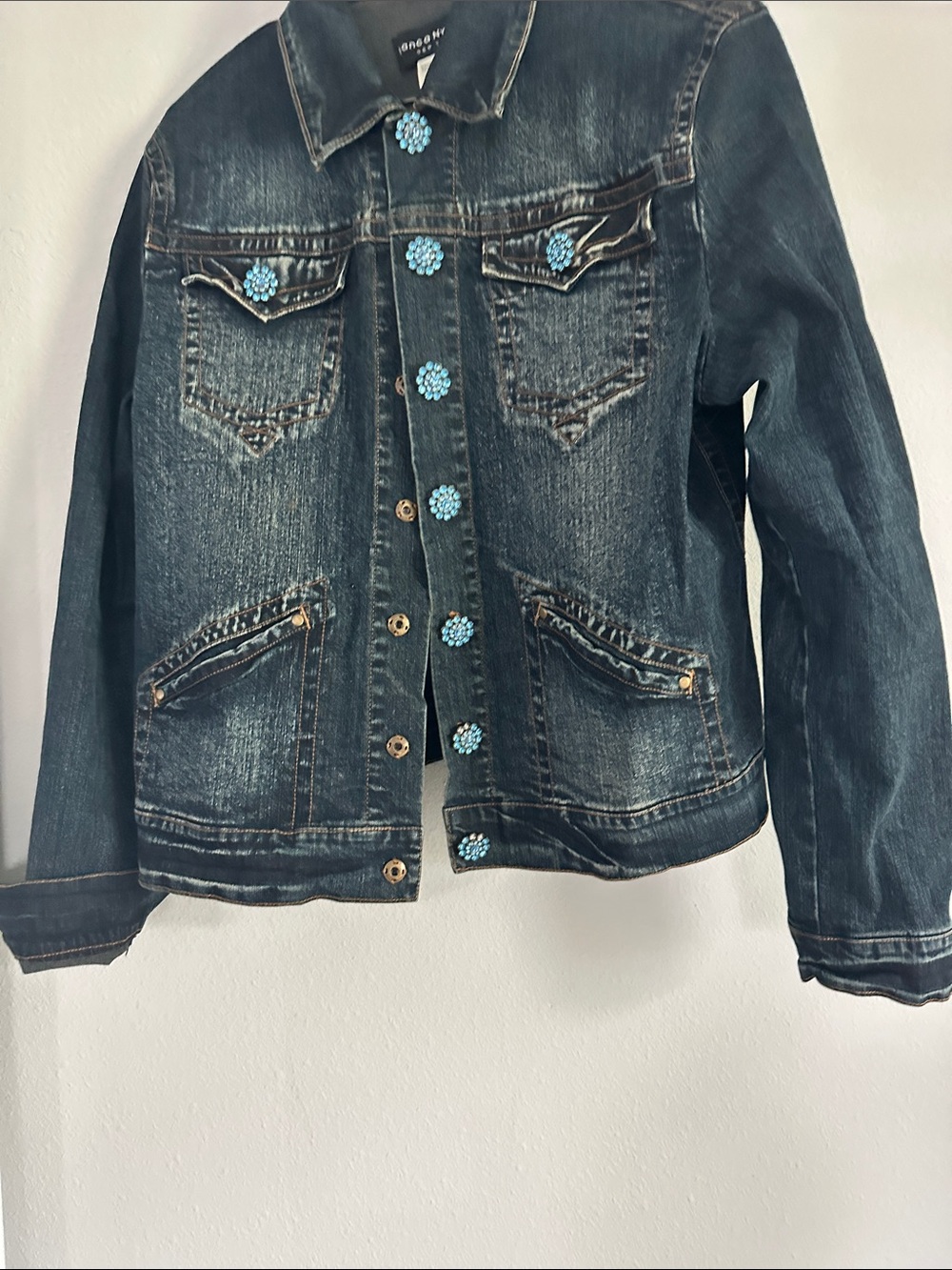 Peter Nygard Dark Blue Denim Jacket with Turquoise Buttons